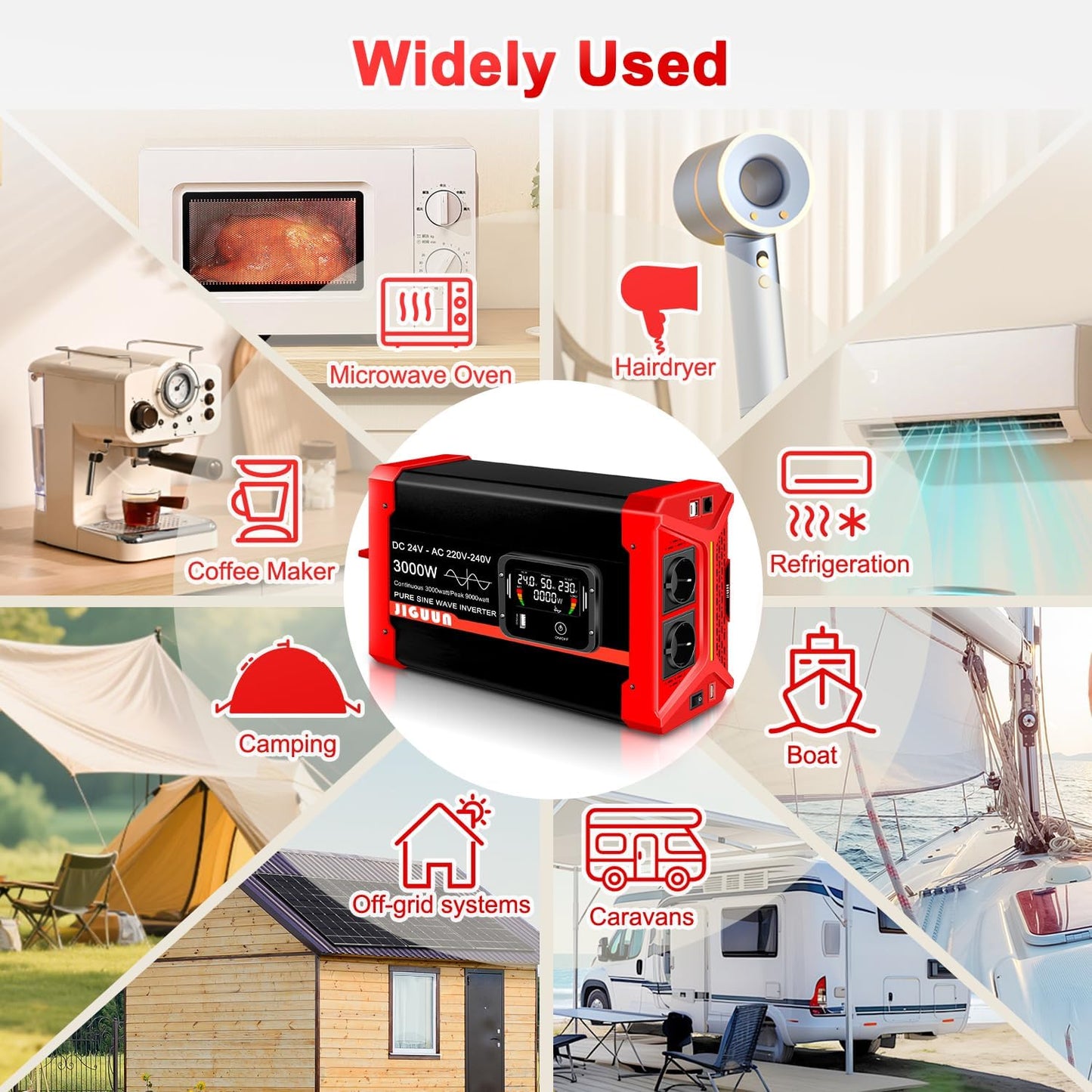JIGUUN 3000W Omvormer 24V 230V Zuivere sinus Converter inverte met 2 EU stopcontacten & 3 USB+Tycp-C poorten, afneembare afstandsbediening en LCD display Piekvermogen 9000W