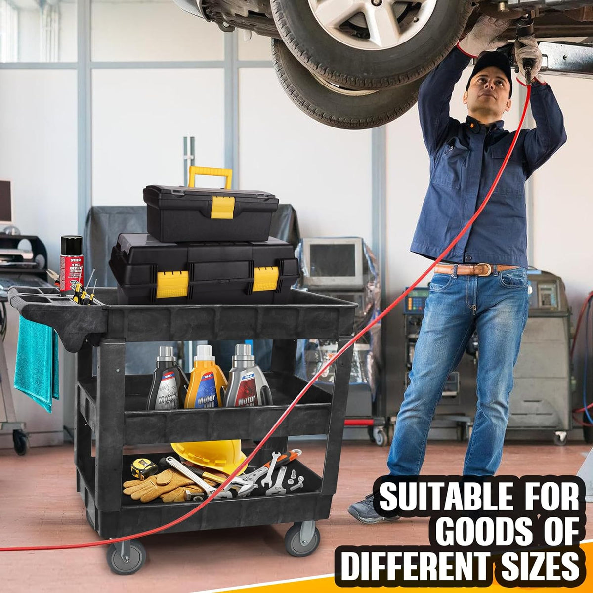 Opbergkar – Gereedschapswagen, Opbergwagen, Servicekar, Rollende Kar – 3-Laags, 2-In-1 Verstelbaar – Tot 259 Kg Draagvermogen, 5 Inch Zwenkwielen Met Rem