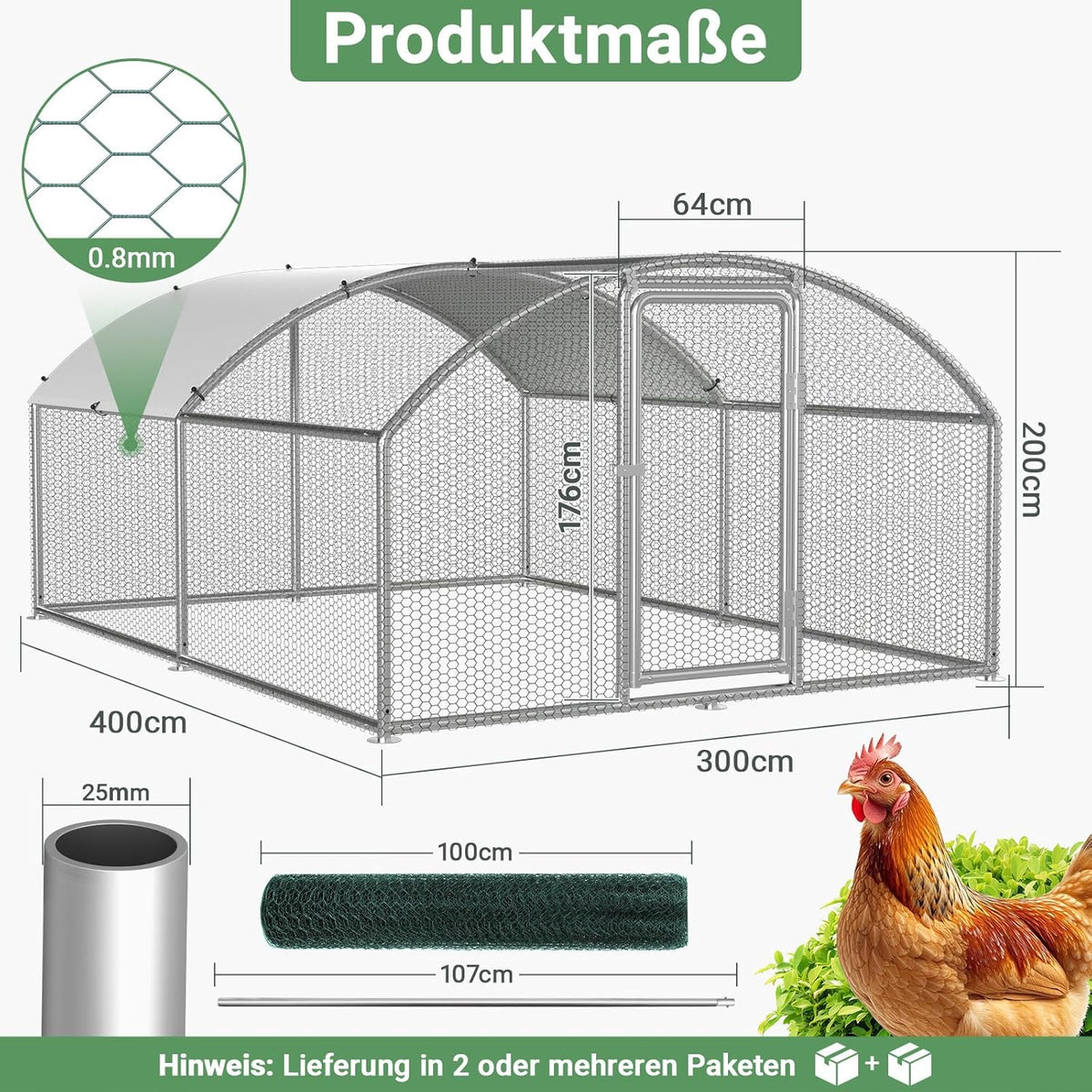 Chicken Coop Outdoor House, Rabbits, Galvanised Steel, Outdoor Chicken Coop with Lock and Waterproof PE Fabric for Chickens, Small Animals and Plants (3 x 4 x 2 m) - QUORE