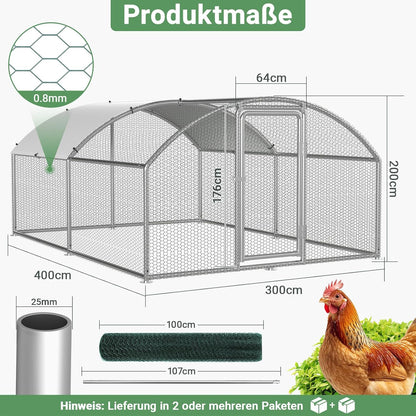 Chicken Coop Outdoor House, Rabbits, Galvanised Steel, Outdoor Chicken Coop with Lock and Waterproof PE Fabric for Chickens, Small Animals and Plants (3 x 4 x 2 m) - QUORE