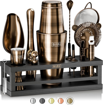 Cocktailset 16-Delige Messing/Zwart – Bartenderset – Cocktailshakerset – Barset – Mixset – Bamboe Display Standaard – 35 Receptkaarten