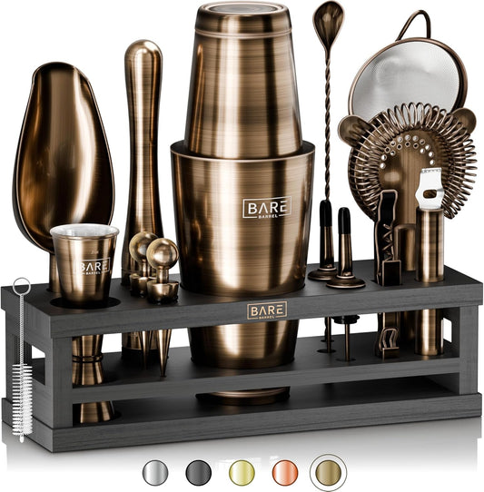 Cocktailset 16-Delige Messing/Zwart – Bartenderset – Cocktailshakerset – Barset – Mixset – Bamboe Display Standaard – 35 Receptkaarten