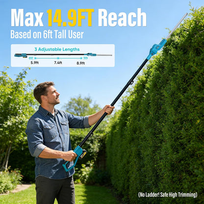 Professionele telescopische takkenschaar met 4,0 Ah accu, 52 cm dubbel snijmes, borstelloze motor, 2,7 m bereik en 180° draaibare kop voor het trimmen van heggen en struiken