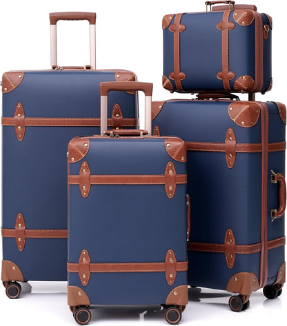 Urecity Vintage reiskofferset, 4-delig, licht, retro, lederen koffer, harde schaal, trolley, handbagage, sets met TSA-slot en 8 wielen (S-M-L-XL), blauw, Kofferset