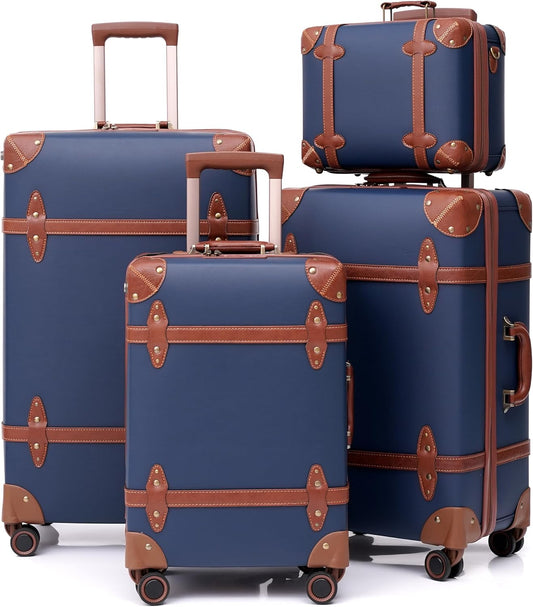 Urecity Vintage reiskofferset, 4-delig, licht, retro, lederen koffer, harde schaal, trolley, handbagage, sets met TSA-slot en 8 wielen (S-M-L-XL), blauw, Kofferset