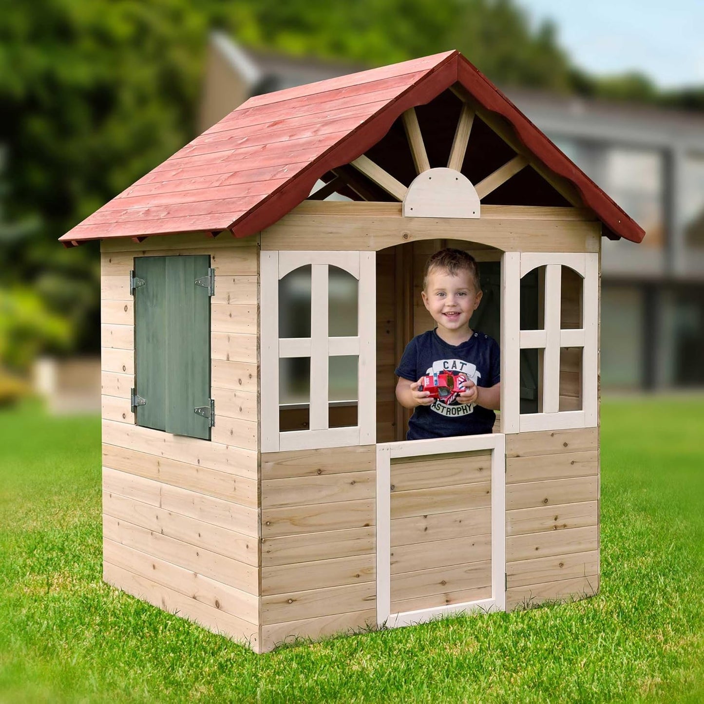 dobar® Kinderspeelhuis van hout met ramen en deuren, speelhuis, outdoor, bouwpakket met eenvoudige montage, kinderhuis voor tuin, rood, 115 x 102 x 125 cm