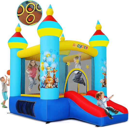 Springkasteel, indoor outdoor speelkasteel met ventilator, tropische jungle-dieren, party, springkasteel met glijbaan en springgedeelte, balwerpspel, opblaasbaar springkasteel als cadeau voor kinderen