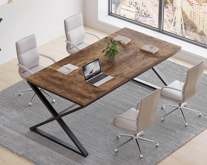 LVB Rustiek Groot Thuiskantoor 70.8” Lang en Breed Computerbureau, Houten Metalen Werkbureau voor Studie Schrijven Gamen, Boerderij Dubbele Monitor Werkstation Directie Computer Tafel, Rustiek Bruin