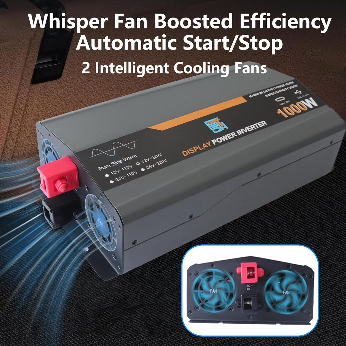 1000W pure sine wave inverter, 12V to 230V, auto-converter, grid-independent solar inverter with LCD display, 1 type C, 1 USB port, remote control,