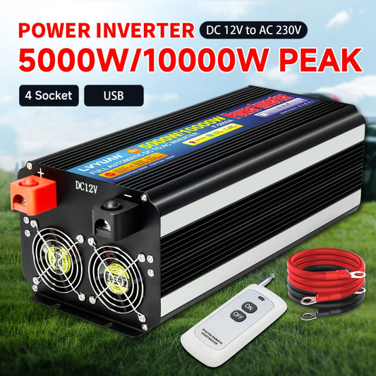 Omvormer – Spanningsomvormer – Power Inverter – Stroomomzetter – 12V naar 240V – 5000W Continu Vermogen – Afstandsbediening en Volt Display