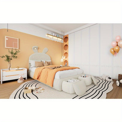 Eenpersoonsbed – Slaapbed – Bedframe – Kinderbed – Stapelbed – Beige Stoffen Bekleding – Verstelbare Warmlichtstrips – Inclusief 2 Opberghockers – 90x200 cm