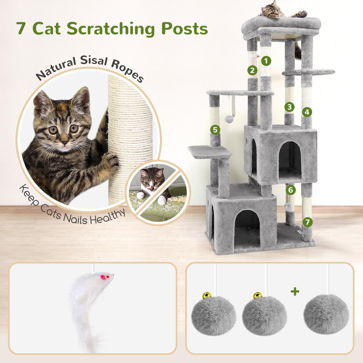 Kattenboom – Krabpaal – Kattentoren – Speelboom – Krabtoren – Lichtgrijs – Grote Basis 72x45 cm – 2 Luxe Kattenholen 45x40x35 cm