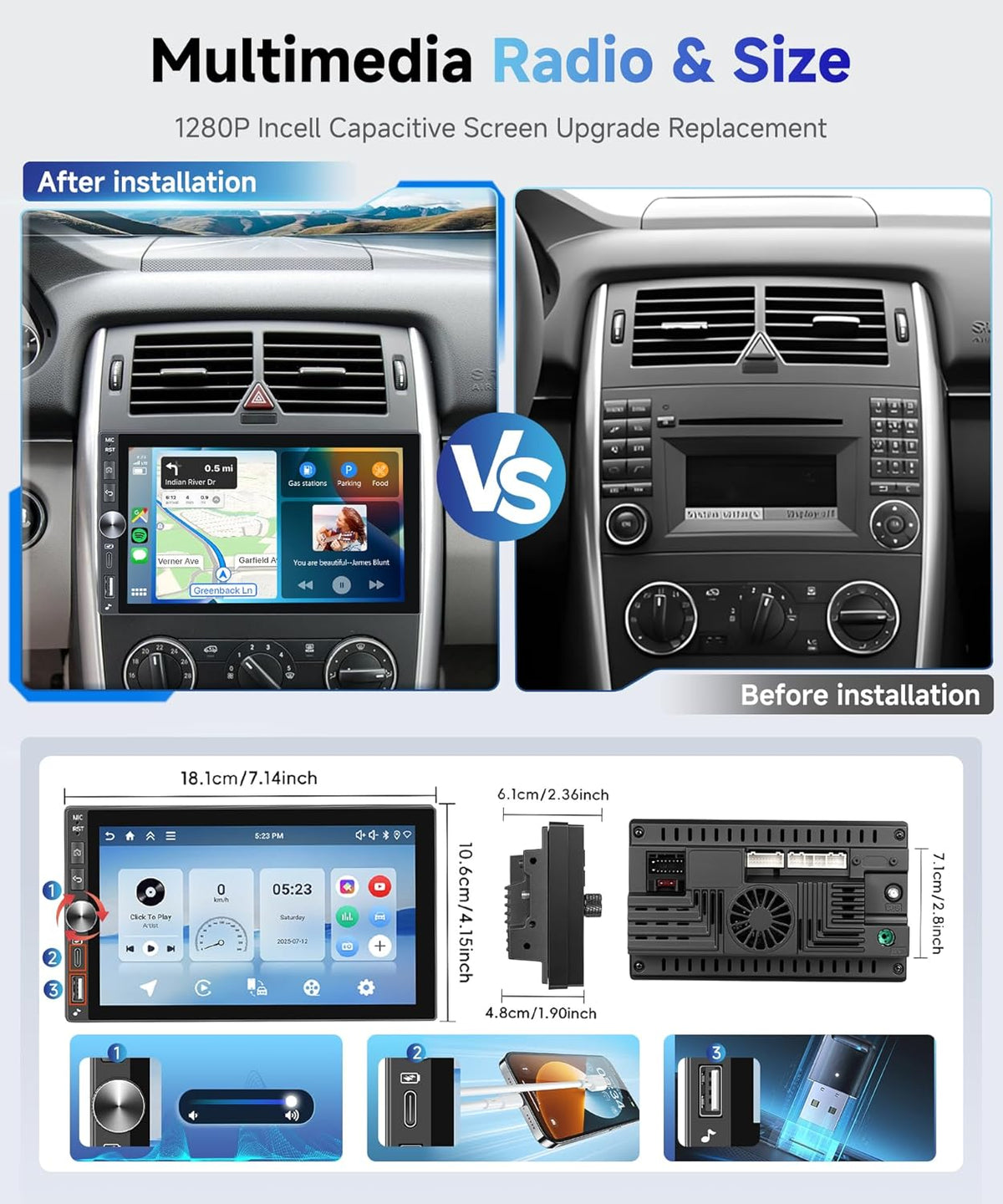 【4G + 128G】 Hodozzy Wireless Carplay autoradio 2 DIN met USB Type-C, 7 inch incell display Android Bluetooth autoradio met Android Auto/DSP/WiFi/RDS/FM/SWC/achteruitrijcamera