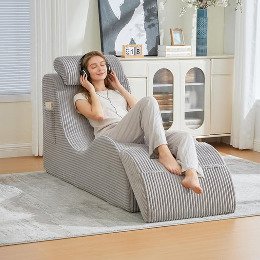 Relaxstoel – Vrijetijdsstoel – Fauteuil – Loungestoel – Leesstoel – Ergonomisch Gecomprimeerd Schuim – Afneembaar Kussen Met Zijvak – Corduroy Lichtgrijs 160x66x90 cm