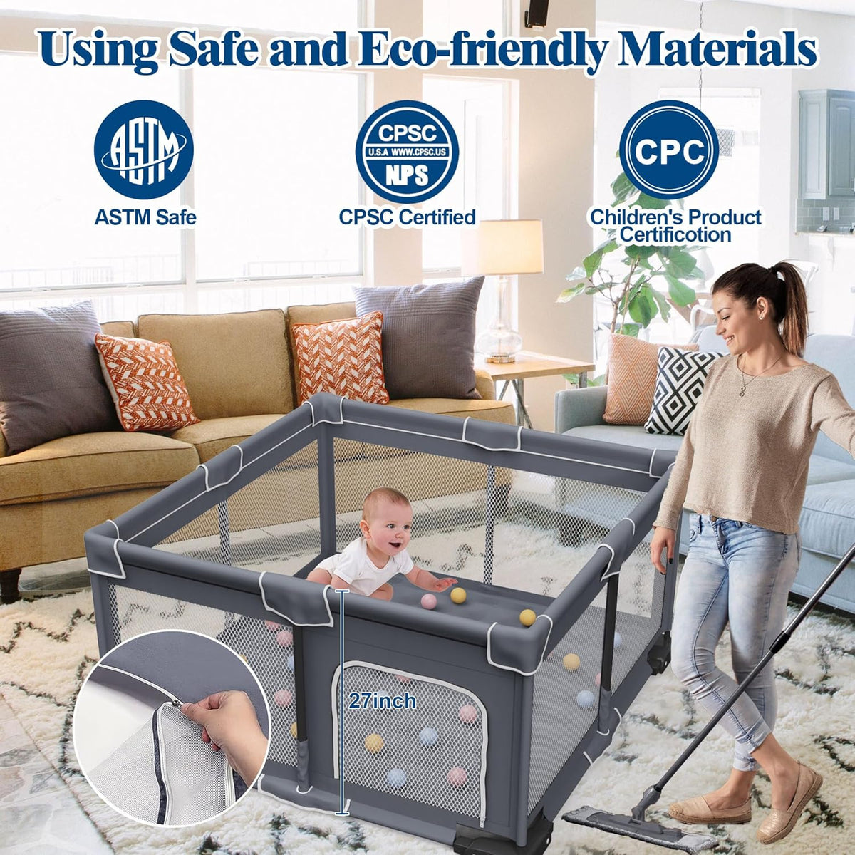 Foldable Playpen with Mat, Playpen for Babies and Toddlers with Door, Foldable Playground with Non-Slip Bottom, Portable Playground P, Dark Grey with Adhesive Tape - QUORE