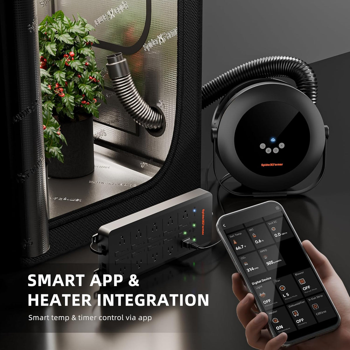 Spider Farmer Ventilatorkachel, 540 W, intelligente temperatuurregeling, energiebesparend, stil, 4 modi en 24 uur timer, 10 PTC-verwarming en ventilatiebuis, geschikt voor plantenruimtes en