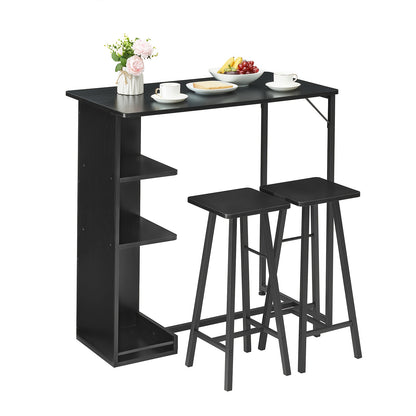 3pcs Compact Modern Farmhouse Bar Table and Chairs Set with 3-Tier Storage Shelves - Space-Saving Wood Construction, Black Finish for  Apartments, Living Room, Kitchen, Dining Room - Sturdy A-Frame Design & Comfortable Seatin