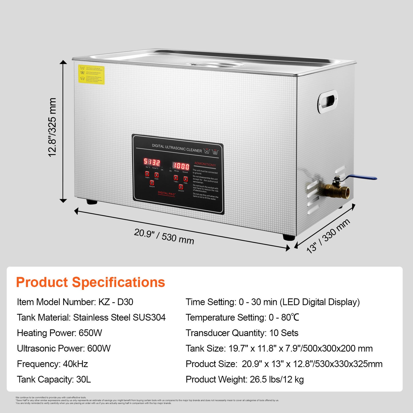 Ultrasoonreiniger – Ultrasoon apparaat – Reiniger – Sieradenreiniger – RVS reiniger – 30 Liter RVS Tank – Verwarming tot 65°C – Digitaal Timerpaneel