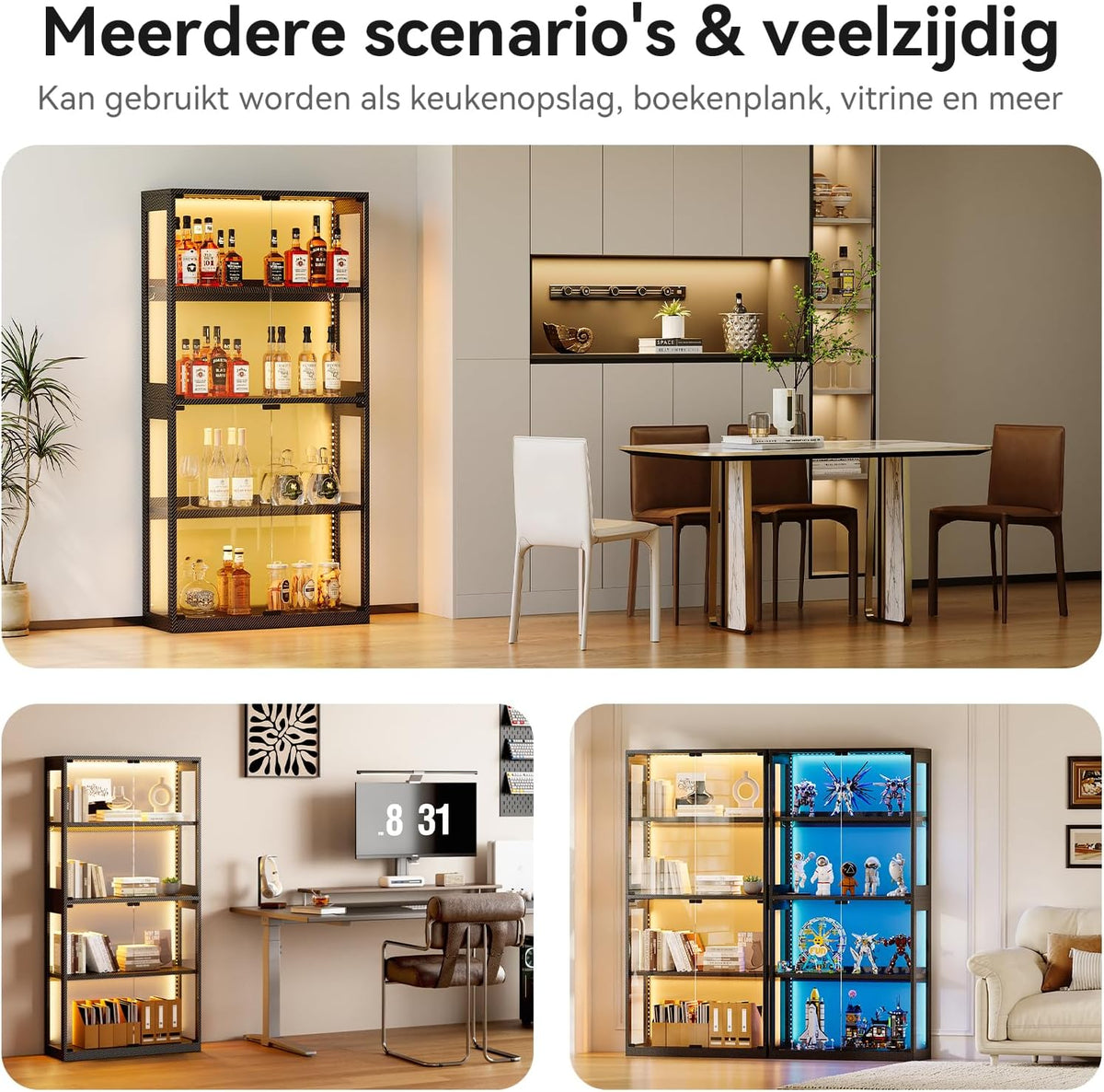 Glazen vitrine zwart – vitrinekast – displaykast – etalagekast – presentatiekast – 4 glazen planken – geïntegreerde ledverlichting