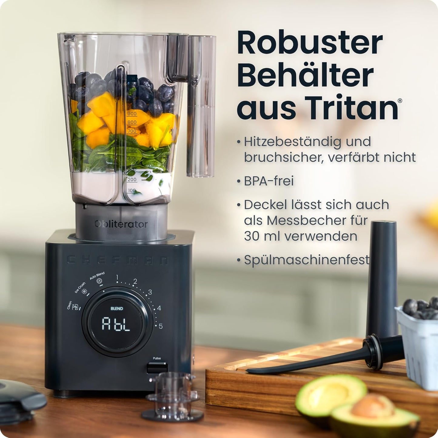 Chefman Obliterator 1,2 l blender voor smoothies, 1380 W motor voor het malen van ijs, noten en bevroren vruchten met roestvrijstalen lemmet, Auto Blend functie, incl. 600ml reiscontainer - Midnight