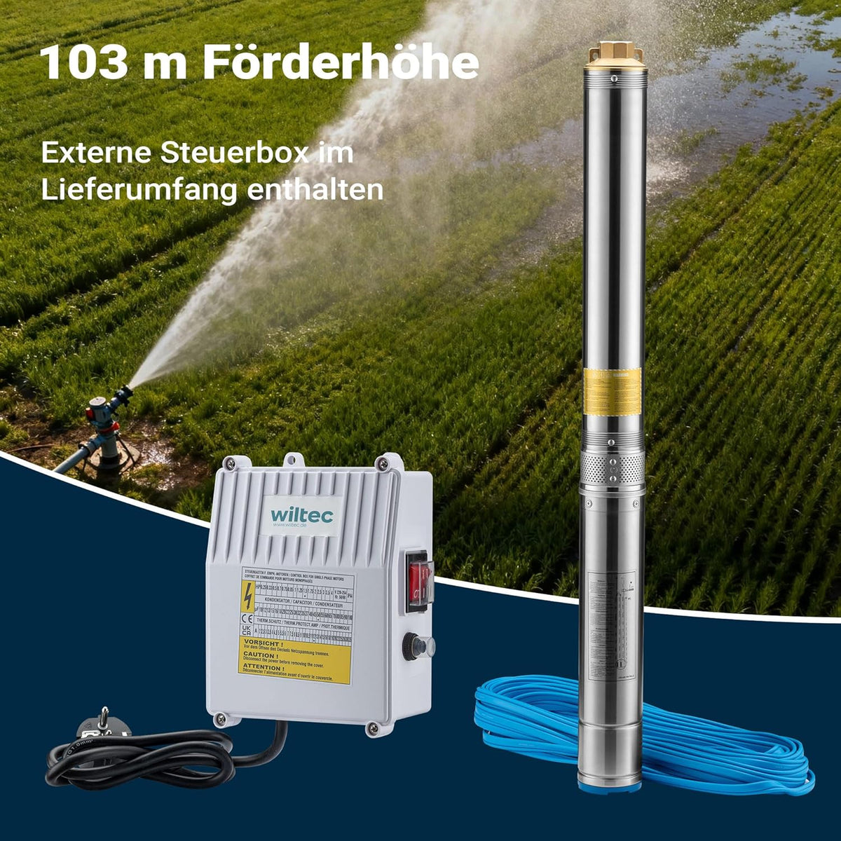 Wiltec 4" diepwateromp 1100 W, waterpomp met een debiet van 6000 l/u, dompelpomp met een dompeldiepte van max. 20 m en een opvoerhoogte van max. 103 m