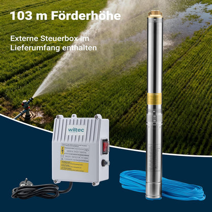 Wiltec 4" diepwateromp 1100 W, waterpomp met een debiet van 6000 l/u, dompelpomp met een dompeldiepte van max. 20 m en een opvoerhoogte van max. 103 m