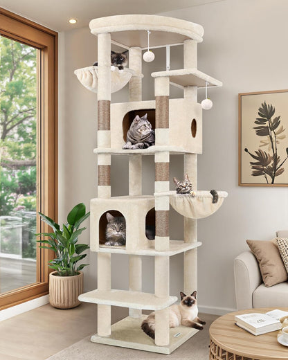 Krabpaal – Kattenboom – Kattenhuis – Krabton – Klimelement – Beige – 188 cm Hoog – 2 Grote Kattenhuisjes Met Gevoerd Platform