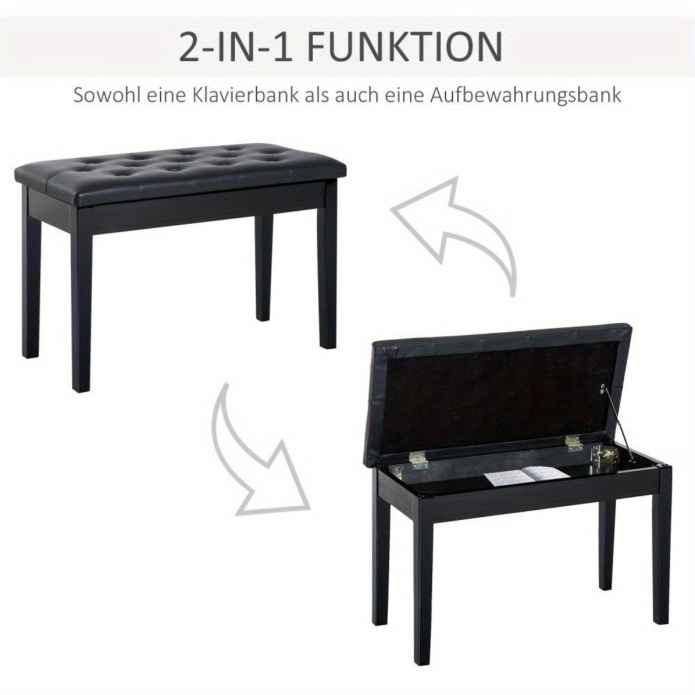 Pianokruk – Pianobank – Piano Kruk – Piano Stoel – Keyboardbank – Zwart Kunstleer – Rubberhout – 76x36x50 cm – Traditioneel Landelijk Design – Ruimte Voor Twee