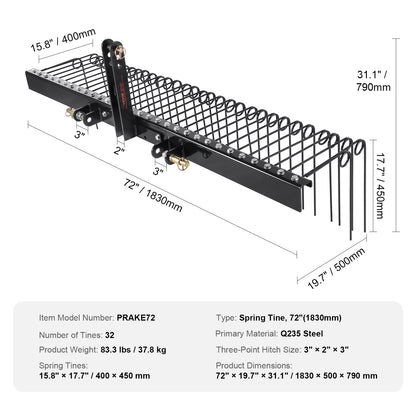 Verticuteermachine – Gazonhark – Verticuteerder – Gazonbeluchter – 72 Inch Werkbreedte – 32 Robuuste Stalen Tanden