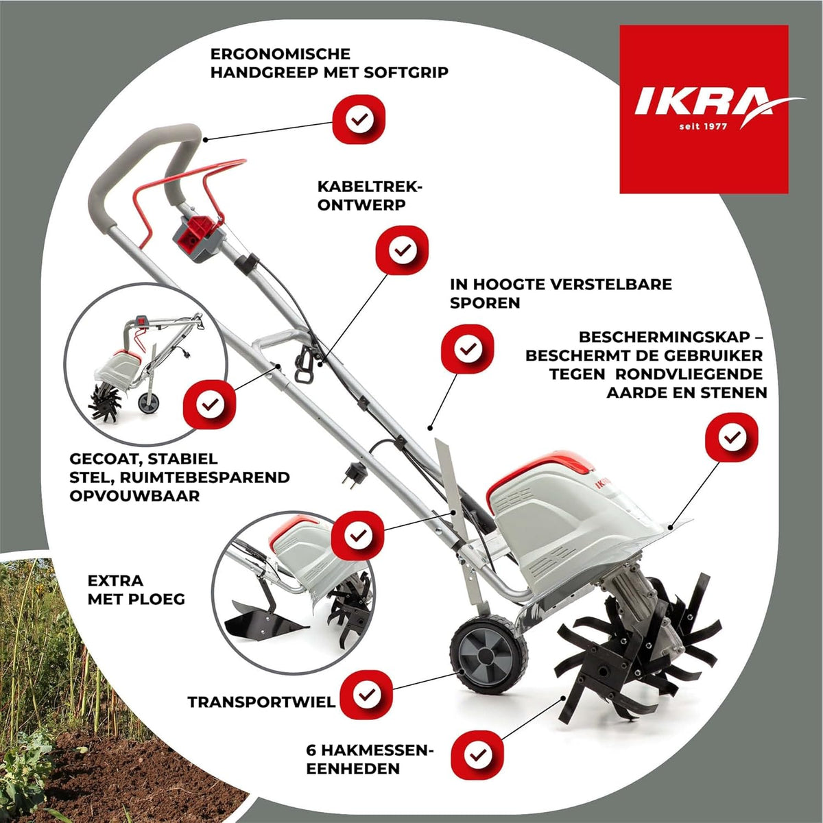 IKRA Elektrische Grondfrees Cultivator FEM 1500, flexibele werkbreedte 17-45 cm, incl. schoffelploeg (monteerbaar)