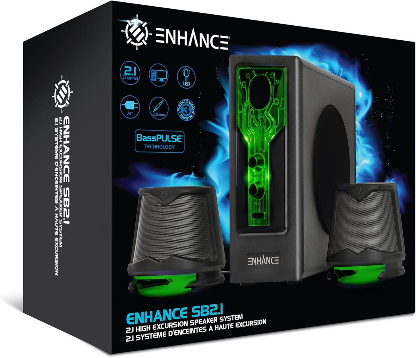ENHANCE SB 2.1 Computerluidspreker met subwoofer – groene led-gamingluidspreker, high-excursie-geluidssysteem, AC-voeding, volume- en basregeling, compatibel met gaming-pc, desktop, laptop