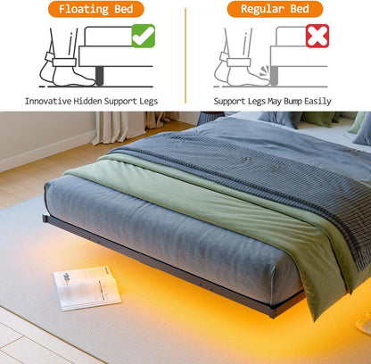 Bed met ledverlichting, modern zwevend bedframe met stopcontact en USB-oplaadfunctie, zwart, 140 x 200 cm