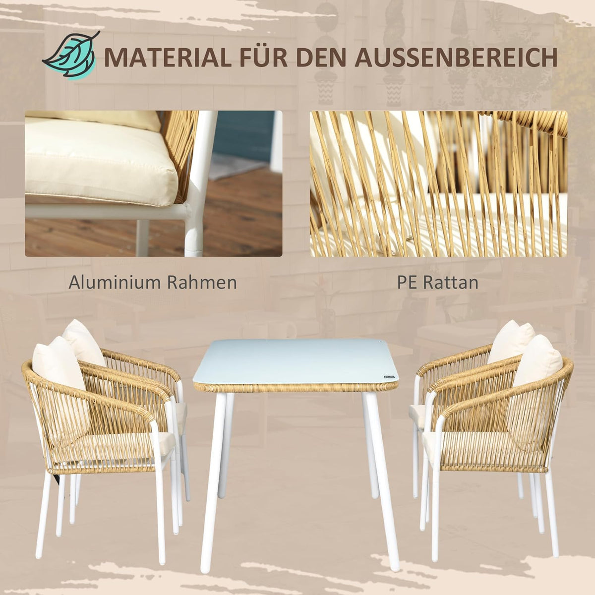 5-Delige Tuinset – Tuinmeubelen – Loungeset – Balkontuinset – Eettafelset – Stapelbare Stoelen – Comfortabele Kussens – Gehard Glas Tafelblad - QUORE