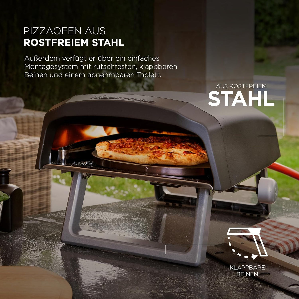 MasterPRO Napoli Draagbare gas-draaide-pizzaoven, snel en gelijkmatig garen, vermogen tot 500 °C, pizza's in 60 seconden klaar, draagtas en stenen dienblad inbegrepen