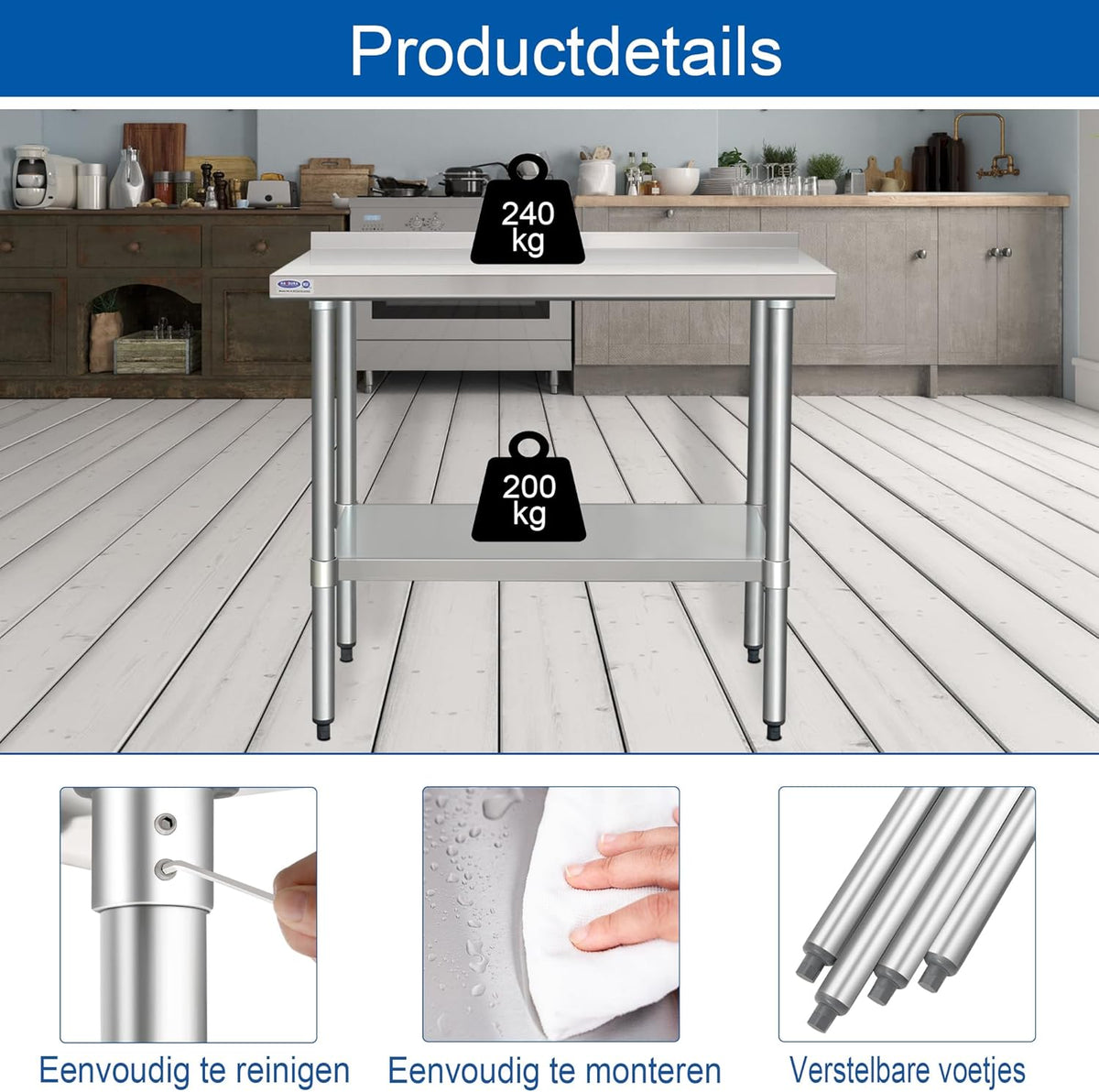 HARDURA Roestvrijstalen Werktafel met Spatrand Professionele Keukenwerkbank 61×122 cm