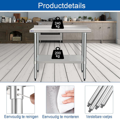 HARDURA Roestvrijstalen Werktafel met Spatrand Professionele Keukenwerkbank 61×122 cm