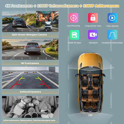 Carpuride W903S Draagbare Draadloze CarPlay & Android Auto met Dash Cam - HD IPS-Scherm, 4K-Frontcamera + 1080P-Achtercamera + 1080P-Infraroodcamera, Loop-Opname, Bluetooth, GPS, Siri, Muziek