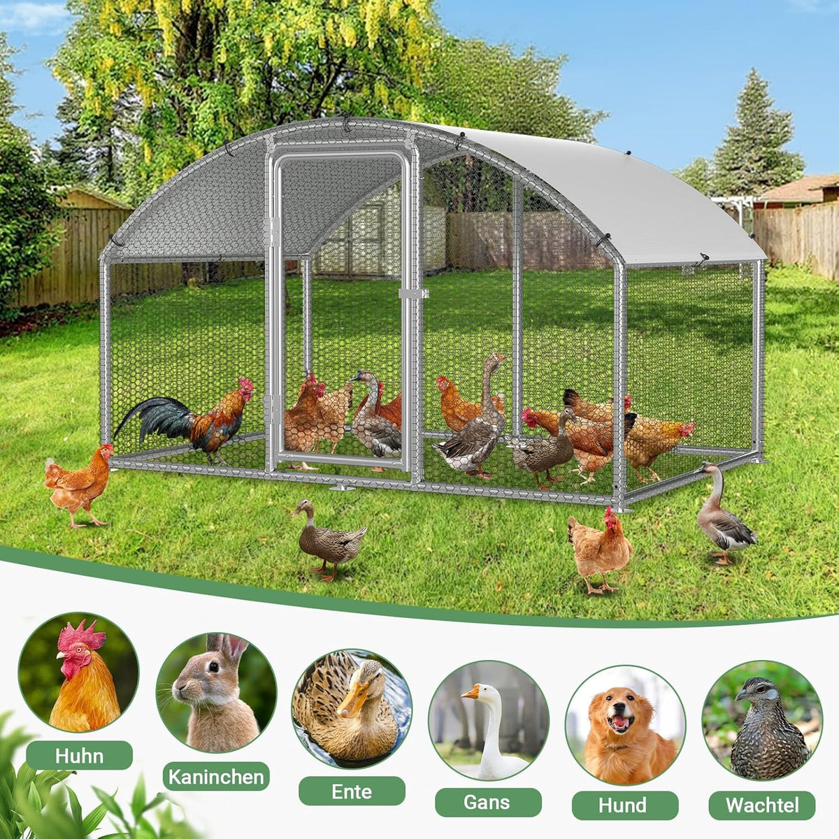 Chicken Coop Outdoor House, Rabbits, Galvanised Steel, Outdoor Chicken Coop with Lock and Waterproof PE Fabric for Chickens, Small Animals and Plants (3 x 4 x 2 m) - QUORE