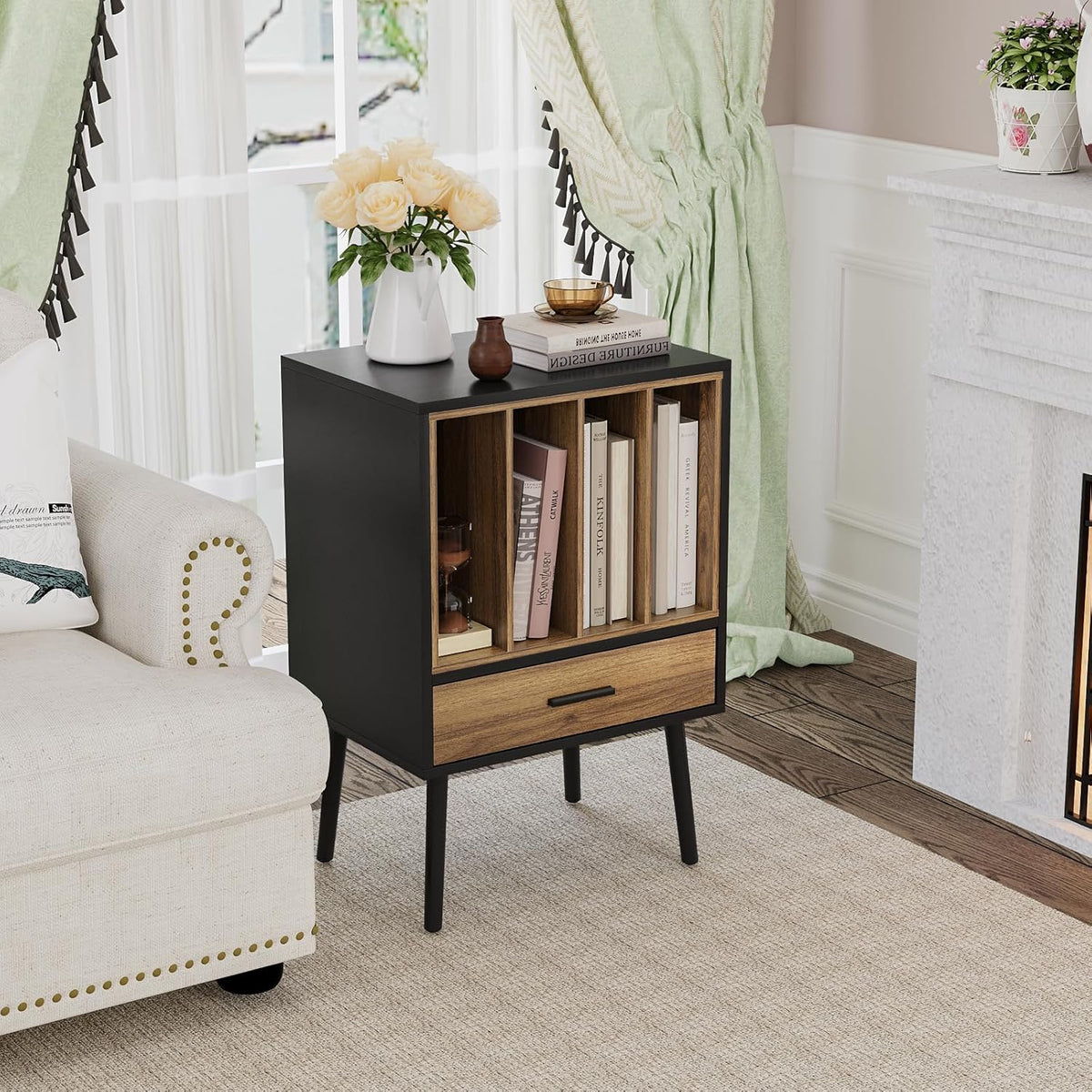 Semiocthome Platenspelerstandaard met opbergkist van vinyl voor maximaal 160 albums, platenspelertafel met lade en massief houten poten, bijzettafel voor draaitafels voor woonkamer slaapkamer