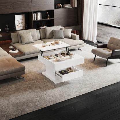 70*70*45cm Geometric Coffee Table | 360° Rotating Top, Height-Adjustable with 1 Drawer, High-Gloss, Concealed Storage, Modern Style, White, Metal Material