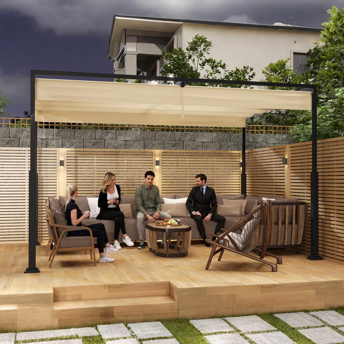 Outdoor Pergola, Stable Metal Frame, Garden Gazebo with Wind and Sun Protection, Sliding Roof, Freestanding Canopy, Retractable Canopy for Garden, Patio and Balcony, 3 x 4 m, Beige - QUORE