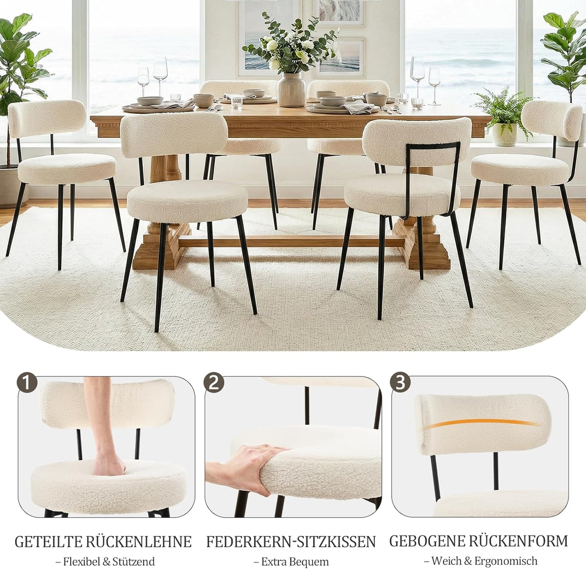Set van 2 Bouclé Teddy eetkamerstoelen, gestoffeerd, moderne keukenstoelen zonder armleuning en metalen poten, beige, comfortabele gestoffeerde stoelen voor eetkamer en keuken