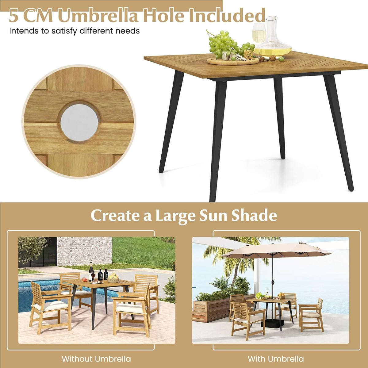Tuintafel – Tuinmeubel – Houten Tafel – Buiten Tafel – Verandatafel – Acaciahout – Parasolgat 5 cm – Weerbestendig