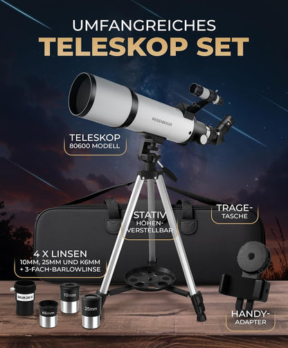 Telescoop 60800 – refractorverrekijker, 60 mm opening, 800 mm brandpuntsafstand, 3 oculairs + 3 x barlow lens, zoekerverrekijker, statief en adapter voor mobiele telefoons – voor