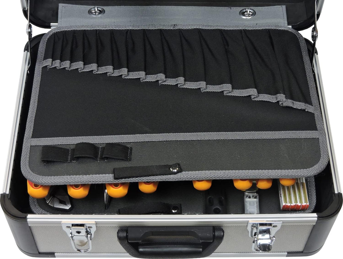 FAMEX 478-10 Professionele aluminium gereedschapskoffer met hoogwaardige gereedschapsset voor de elektricien - het grootste deel van de gereedschappen van Duitse productie