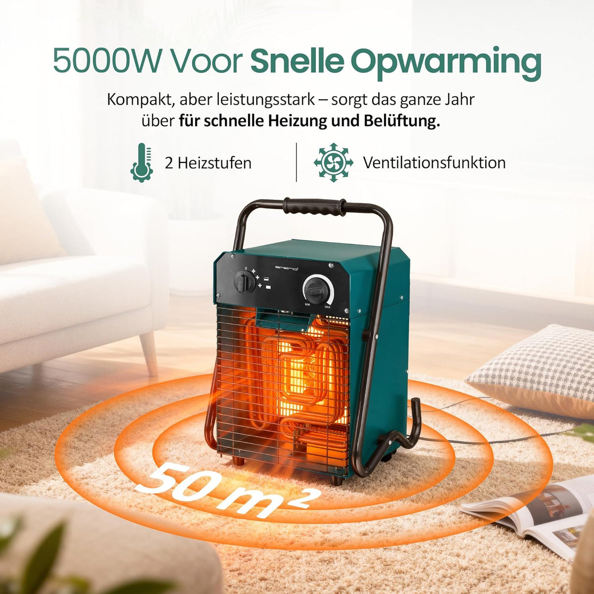 EMERIO Ventilatorkachel, voor ruimtes tot 50 m², IP24, 5000 W krachtstroom, roestvrijstalen verwarmingselement, 2 warmtestanden, instelbare thermostaat, oververhittingsbeveiliging, stabiele