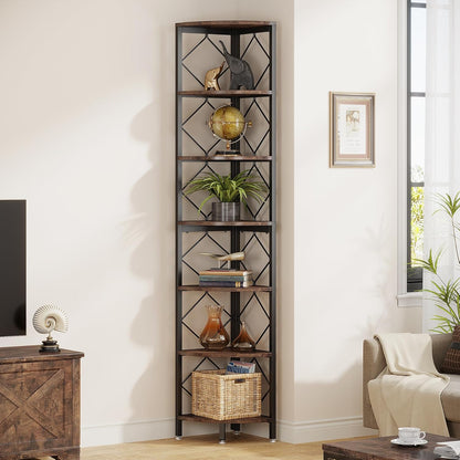 Tribesigns 7 Tier Corner Shelf, 200 cm, Extra High Angle, Industrial Narrow Bookcase for Small Narrow Spaces, Corner Shelf, Wooden Stand, Storage Rack for Living Room, Kitchen, Home Office