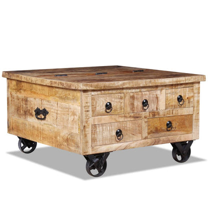 Salontafel – Koffietafel – Woonkamertafel – Bijzettafel – Eettafel – Ruw Mangohout – 70x70x40 cm – 5 Lades + Groot Opbergvak