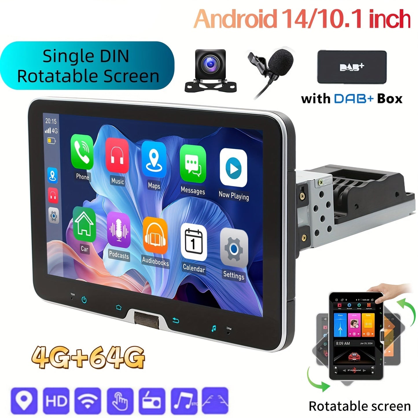 Single DIN Autoradio – Auto Stereo – Multimedia Speler – Car Audio Systeem – Navigatiesysteem – 10,1 Inch Draaibaar Scherm – Android 14.0 Met Wireless CarPlay & Android Auto