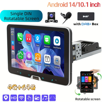 Single DIN Autoradio – Auto Stereo – Multimedia Speler – Car Audio Systeem – Navigatiesysteem – 10,1 Inch Draaibaar Scherm – Android 14.0 Met Wireless CarPlay & Android Auto